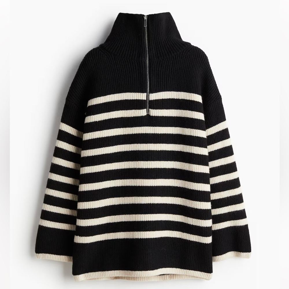 RIB-KNIT HALF-ZIP WOMENS SWEATER  black & white